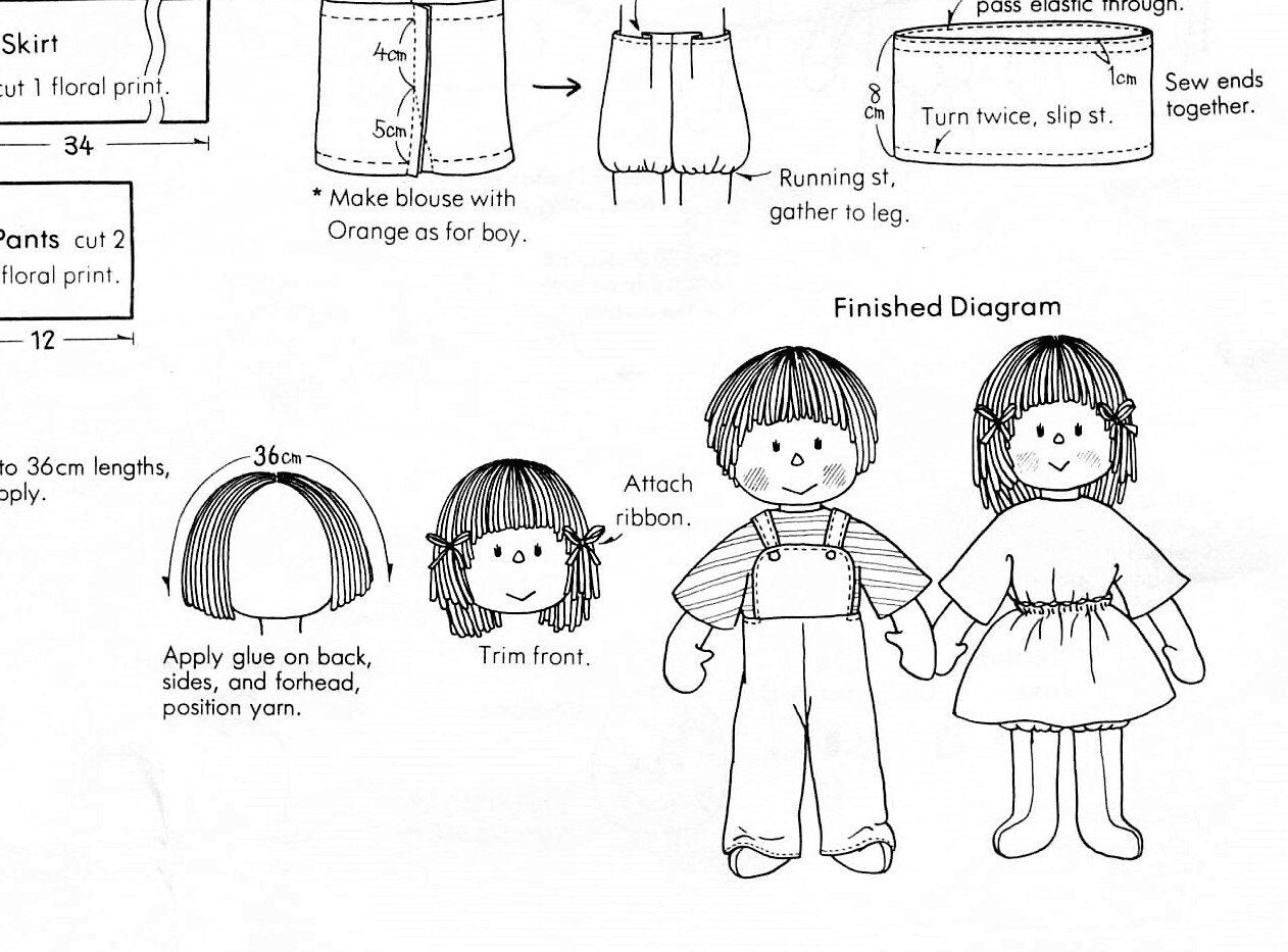 Vintage Sewing Pattern 13" Adorable Boy and Girl Soft Sculpture Toy Dolls PDF Instant Digital Download Cotton Pile Rag Dolls Yarn Hair