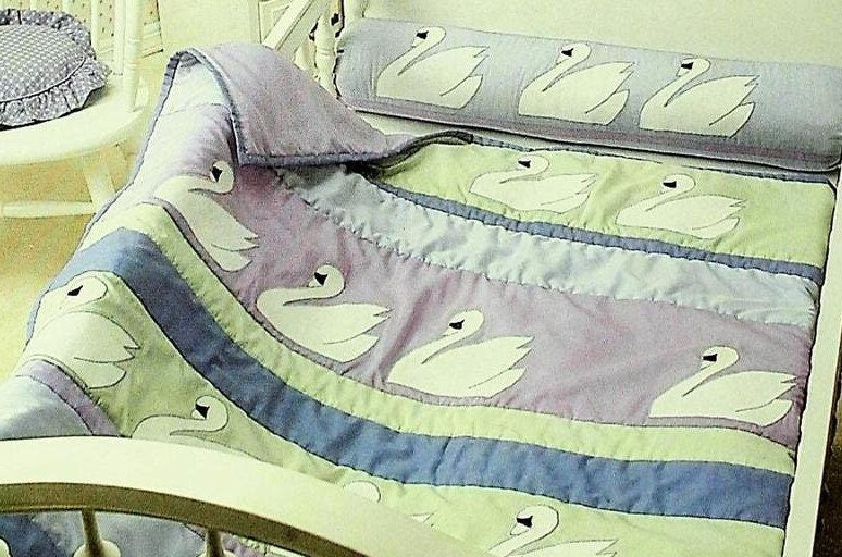 Vintage Sewing Pattern Serene Swan Baby Crib Quilt PDF Instant Digital Download Strip Pieced Quilted Applique Cot Coverlet 44x59