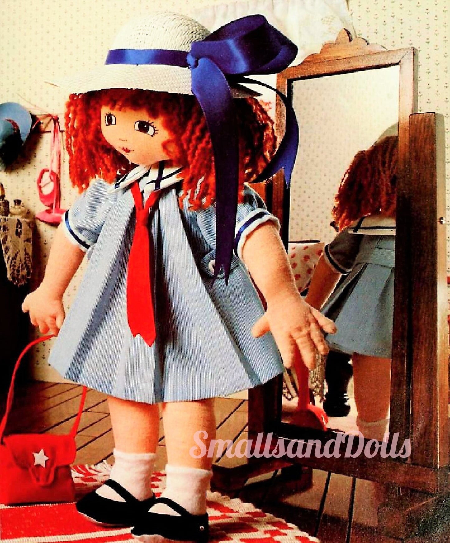 Vintage Sewing Pattern 13" Pretty School Girl Rag Doll Soft Sculpture Toy PDF Instant Digital Download Soft Fabric Toy Doll Hat Purse
