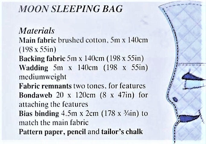 Vintage Sewing Pattern Cute Celestial Moon Kids Toddler Sleeping Bag PDF Instant Digital Download Quilted Fabric Child Size Dream Bag