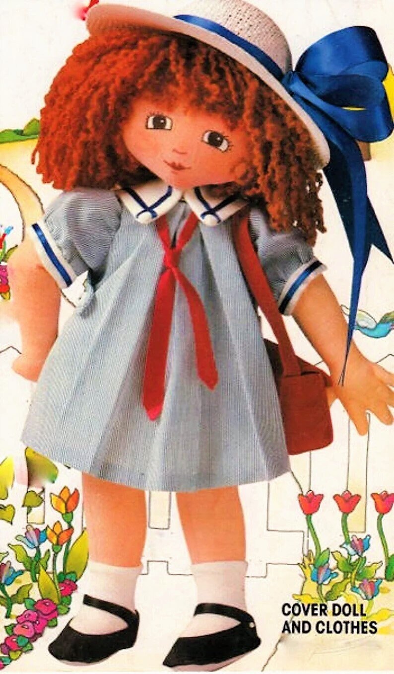 Vintage Sewing Pattern 13" Pretty School Girl Rag Doll Soft Sculpture Toy PDF Instant Digital Download Soft Fabric Toy Doll Hat Purse
