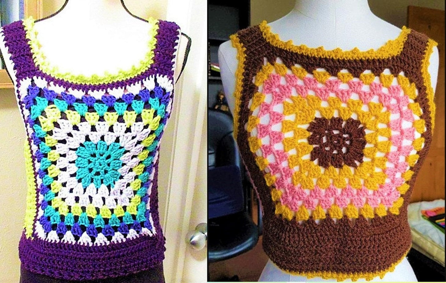 Vintage 1970s Crochet Pattern Retro Womens Mens Rib Ticklers Granny Square Tank Top Vests PDF Instant Digital Download Retro Groovy 10 Ply