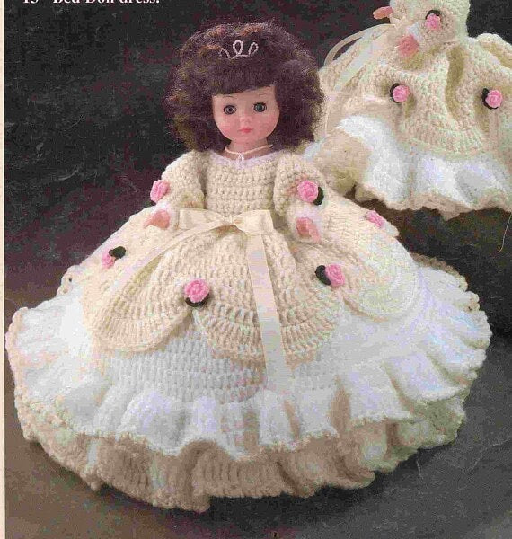 Vintage Crochet Pattern 13" Cinderella Bed Doll Pillow Doll Tiered Rose Ballgown Dress PDF Instant Digital Download 10 Ply