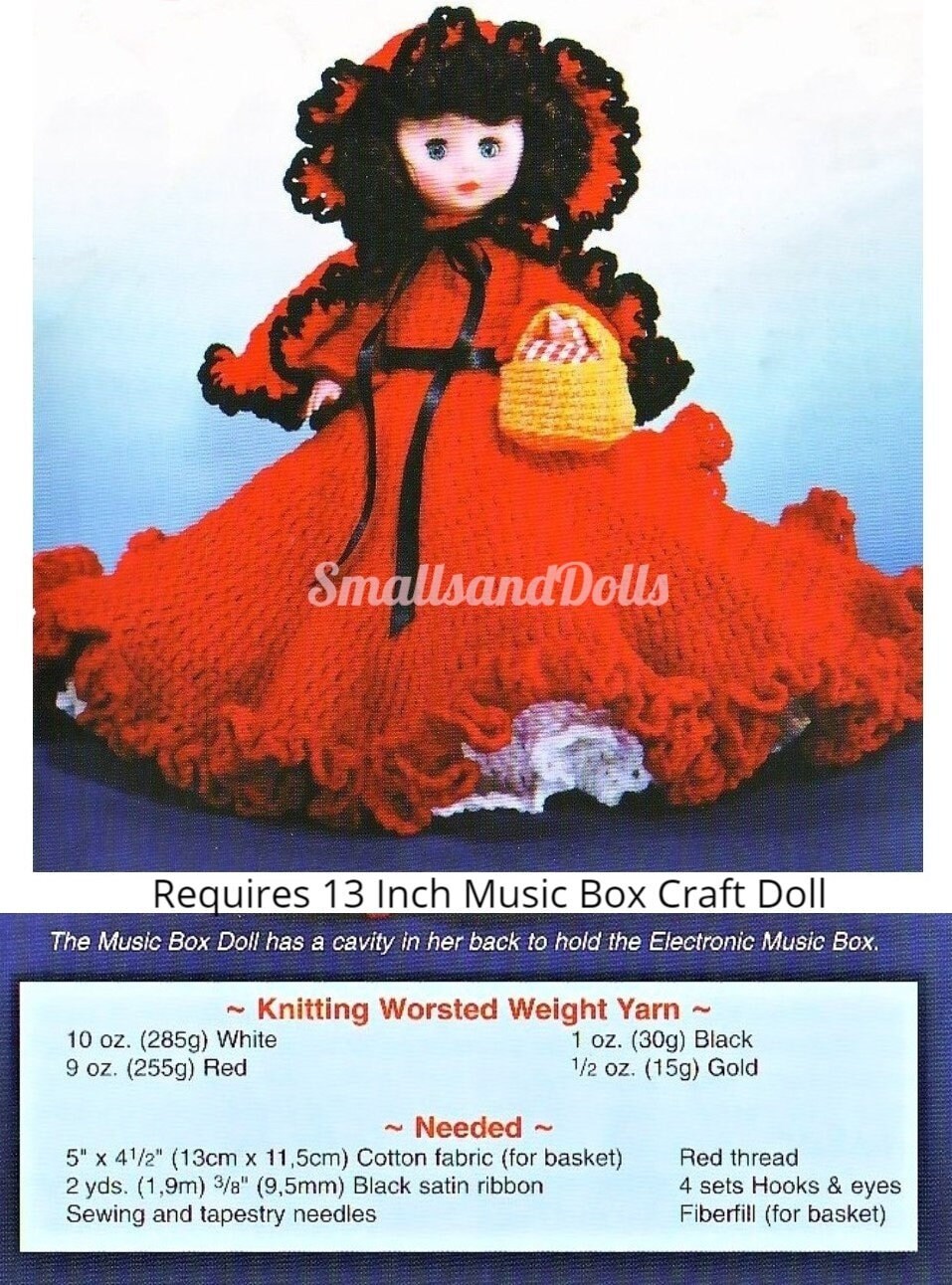 Vintage Crochet Pattern 13" Music Box Bed Doll Christmas Cape Red Riding Hood PDF Instant Digital Download 10 Ply