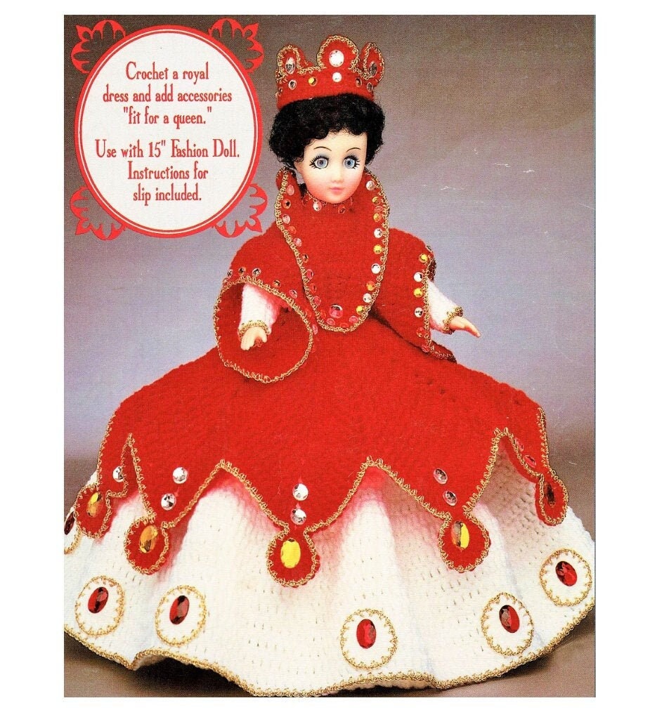 Vintag Crochet Pattern Queen Doll of Jewels 15 inch Fashion Doll PDF Instant Digital Download Her Majesty Gown Crown 10 Ply