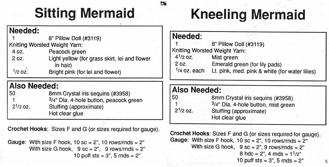 Vintage Crochet Patterns 13" Sea Mist Mermaids Bed Dolls Tail Hawaiian Outfits Standing or Pillow Doll PDF Instant Digital Download 10 Ply