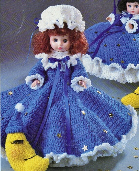 Vintage Crochet Pattern Twinkle Star Bed Doll Pillow Doll Music Box Doll Outfit Moon Dress Nightgown PDF Instant Digital Download 13" Dolls