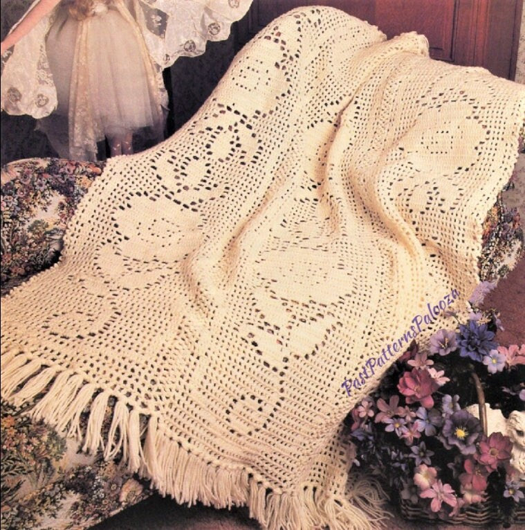 Vintage Filet Crochet Pattern Pretty Victorian Roses Afghan Instant Digital Download Blanket 48x57 10 Ply