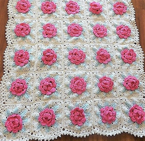 Vintage Crochet Pattern Victorian Rose Granny Square Afghan PDF Instant Digital Download Pretty Flower Motif Blanket 10 Ply