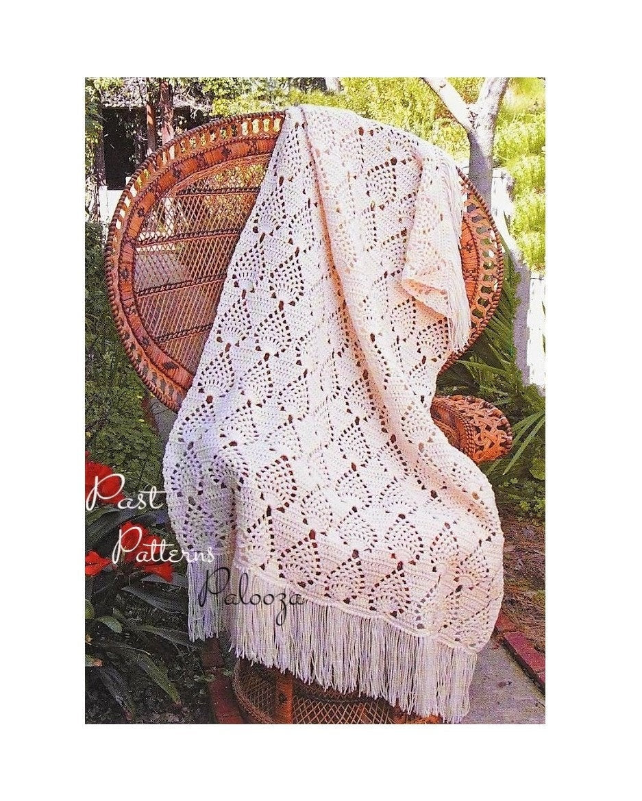 Vintage Crochet Afghan Pattern Fringed Pineapple Throw PDF Instant Digital Download Lacy Pineapples Motif Blanket Design 41x58 10 Ply