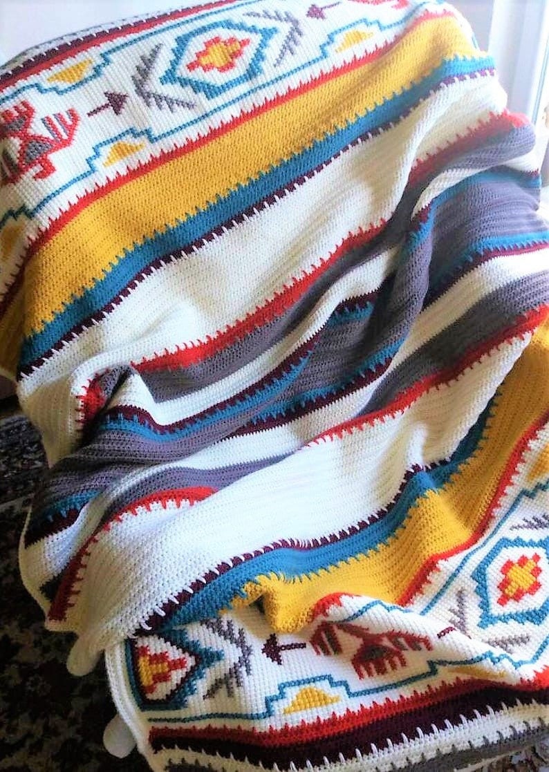 Vintage Crochet Afghan Indian Blanket Pattern PDF Instant Digital Download Navajo Southwestern Aztec Tunisian Stitch 50x70 10 Ply