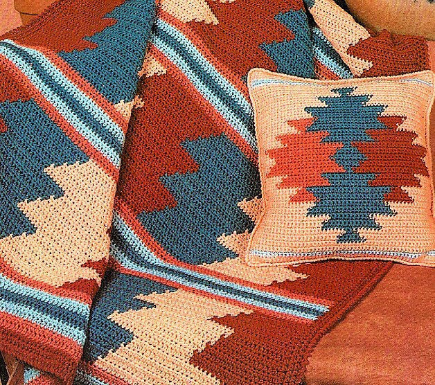 Vintage Crochet Afghan Pattern Southwestern Desert Sunset Blanket & Pillow Set PDF Instant Digital Download Navajo Indian Design 10 Ply