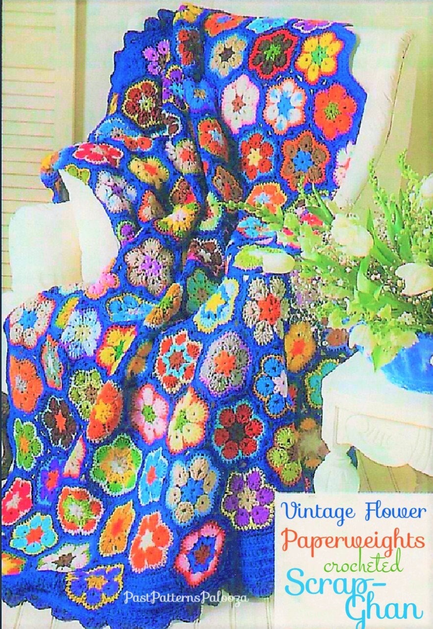 Vintage Crochet Afghan Glass Flower Paperweights Scrapghan Pattern PDF Instant Digital Download Granny Square Floral Scrap Blanket 10 Ply