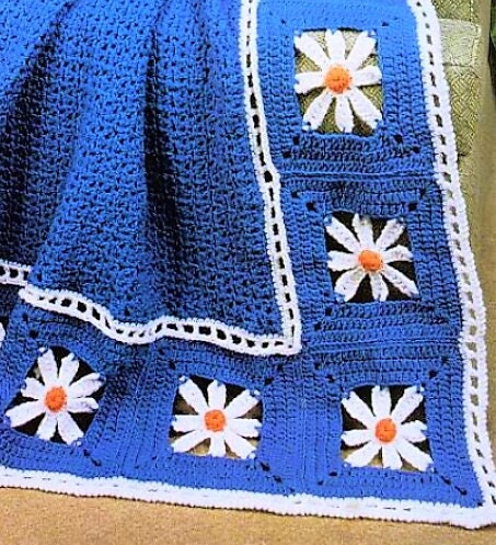 Vintage Crochet Afghan Pattern Gerber Daisy Squares Border Throw PDF Instant Digital Download Daisies Motif Flower Blanket 50x66 10 Ply