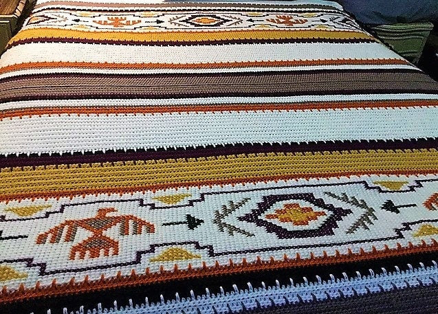 Vintage Crochet Afghan Indian Blanket Pattern PDF Instant Digital Download Navajo Southwestern Aztec Tunisian Stitch 50x70 10 Ply