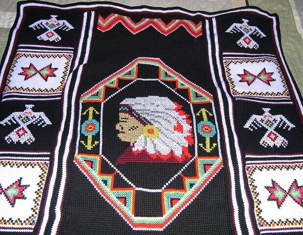 Vintage Crochet Afghan American Indian Blanket Pattern PDF Instant Digital Download Indian Chief Head Throw 4 Ply