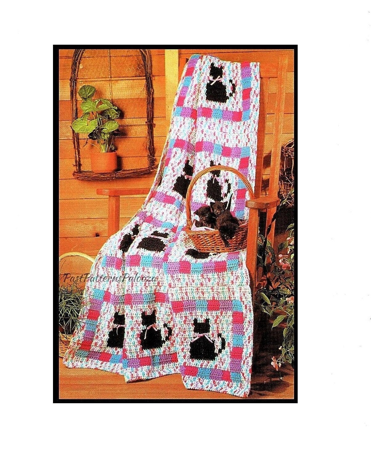 Vintage Crochet Pattern Cute Kitty Cat Blocks Afghan PDF Instant Digital Download Variegated Yarn Ribbon Bows Blanket Throw 47x61 10 Ply