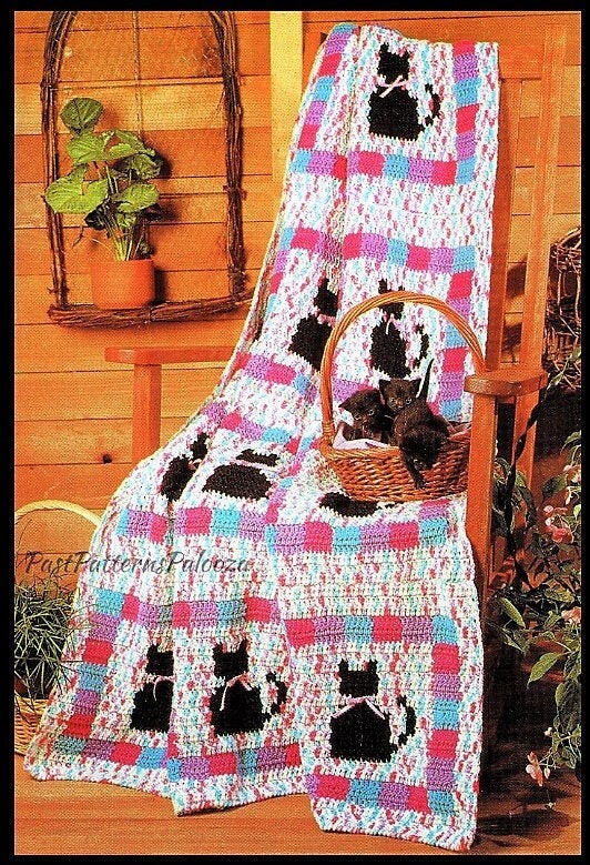 Vintage Crochet Pattern Cute Kitty Cat Blocks Afghan PDF Instant Digital Download Variegated Yarn Ribbon Bows Blanket Throw 47x61 10 Ply