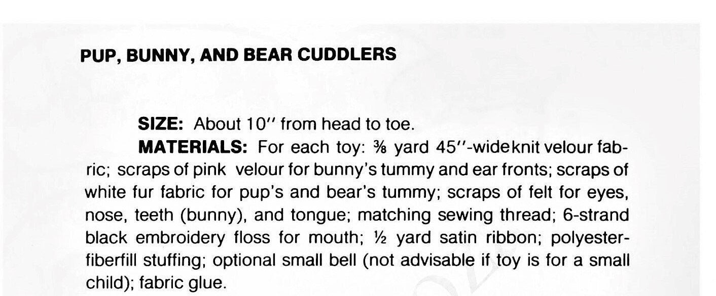 Vintage Sewing Pattern 10" Stuffed Animal Dolls Dog Bunny Bear Soft Velour Fabric Plush Toys PDF Instant Digital Download Huggable Plushies