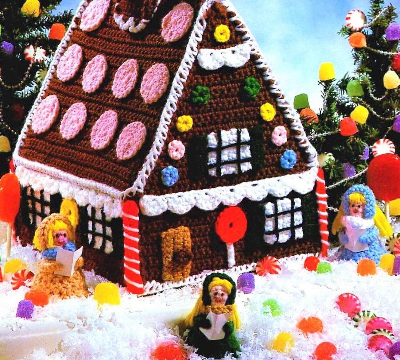 Vintage Crochet Pattern 12" Christmas Gingerbread Cookie House with Caroler Dolls Display Centerpiece PDF Instant Digital Download 4 Ply