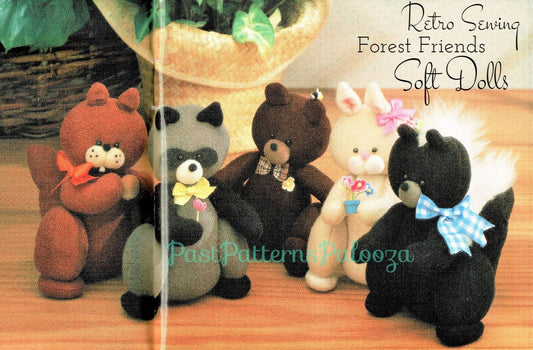 Vintage Sewing Pattern Mini 5" Soft Sculpture Forest Animal Dolls Woodland Friends PDF Instant Digital Download Raccoon Skunk Squirrel Bunny