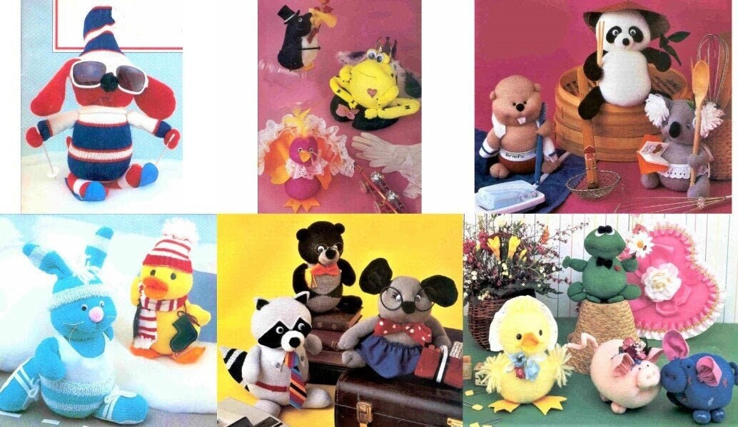 Vintage Sewing Pattern Cute Animal Sock Dolls PDF Instant Digital Download 16 Soft Toy Critters Panda Koala Frog Raccoon Duck Pig