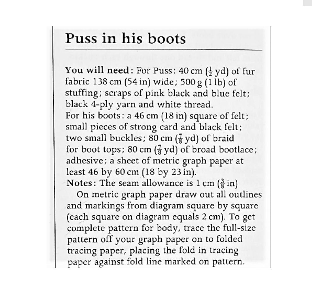 Vintage Sewing Pattern 24" Puss In Boots Soft Doll Plush Faux Fur Fabric PDF Instant Digital Download Stuffed Kitty Cat Soft Toy