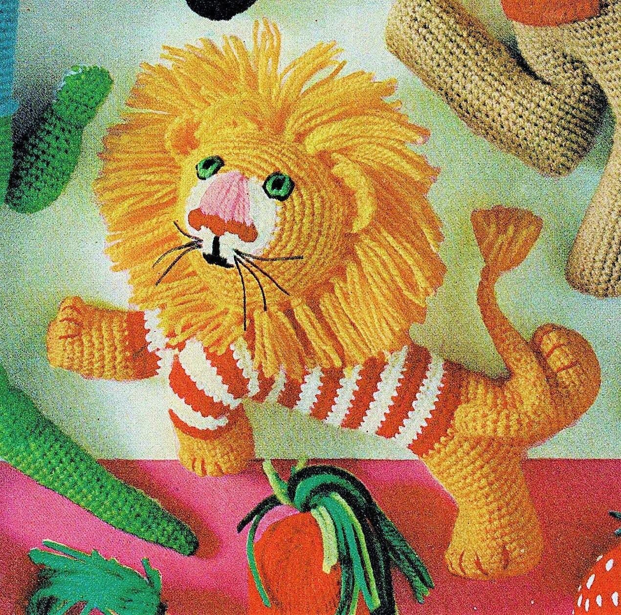 Vintage Crochet Pattern 11" Lion With Striped Sweater Soft Toy PDF Instant Digital Download 1970s Amigurumi Lion Big Cat Doll 10 Ply