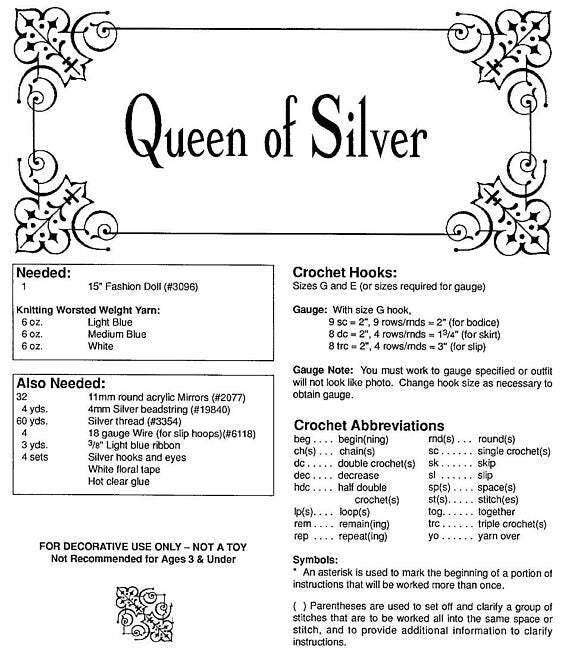 Vintage Bed Doll Crochet Pattern Queen of Silver 15 inch Fashion Doll PDF Instant Digital Download Royal Blue Gown Crown Retro 10 Ply