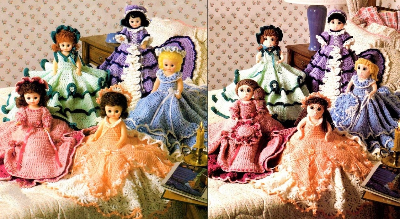 Vintage Crochet Pattern 13" Pretty Bed Dolls Southern Belles PDF Instant Digital Download 5 Beautiful Designs 10 Ply