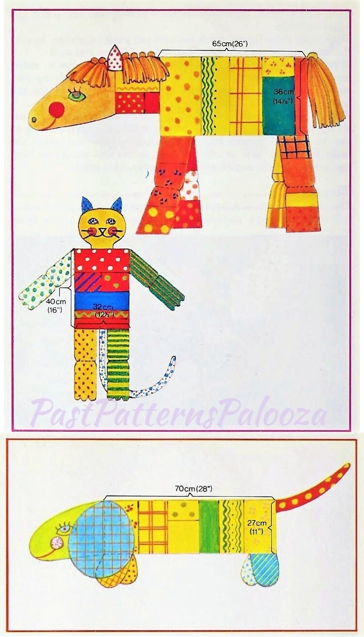 Vintage Sewing Pattern Jumbo Patchwork Animals Kitty Cat Dog Horse Pony PDF Instant Digital Download Funky Boho Mod Stuffed Soft Toys 1970s