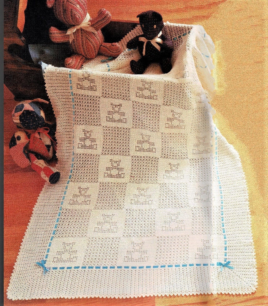 Vintage Filet Crochet Pattern Baby Bear Blocks and Bows Blanket Afghan PDF Instant Digital Download Teddy Bears Motif Cotton Thread