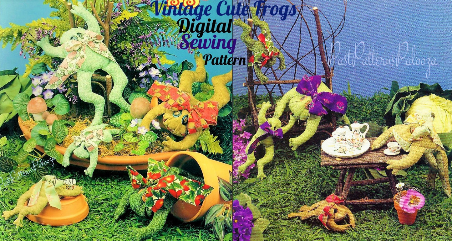 Vintage Sewing Pattern Cute Girl Hairbow Frogs Soft Toys 2 Sizes PDF Instant Digital Download Sewn Stuffed Froggies Beanies Button Eyes