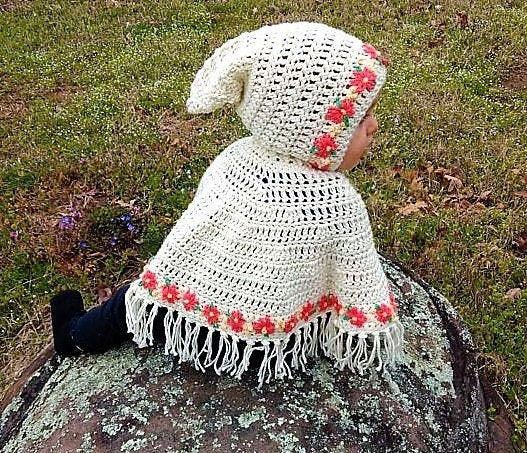 Vintage Crochet Precious Baby Girl Poncho with Hood Pattern Embroidered Flowers PDF Instant Digital Download Retro Hooded Girls Cape 12-18m