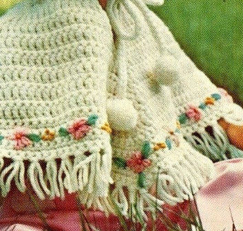 Vintage Crochet Precious Baby Girl Poncho with Hood Pattern Embroidered Flowers PDF Instant Digital Download Retro Hooded Girls Cape 12-18m