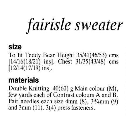 Vintage Knitting Pattern Teddy Bear Sweater Knit Fair Isle Jumpers Clothes For 14 16 18 21 Inch Toy Bears PDF Instant Digital Download DK