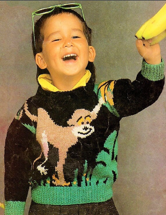Vintage Kids Knit Safari Animal Sweaters Knitting Patterns Book PDF Instant Digital Download Zoo Pullovers Zebra Lion Giraffe Monkey 10 Ply