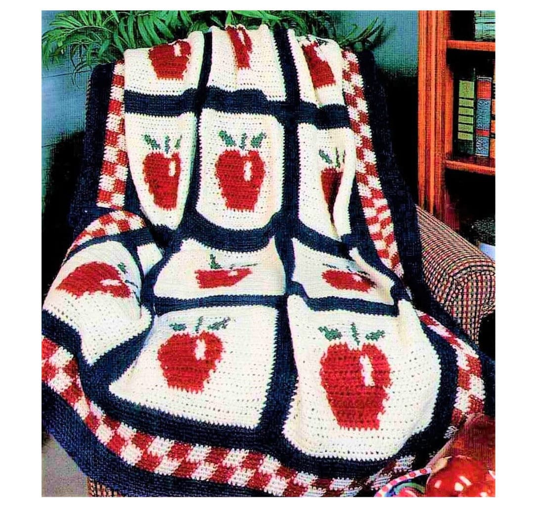 Vintage Crochet Pattern Country Apple Afghan PDF Instant Digital Download Fruit Apples Motif Blanket Throw 52x62 10 Ply
