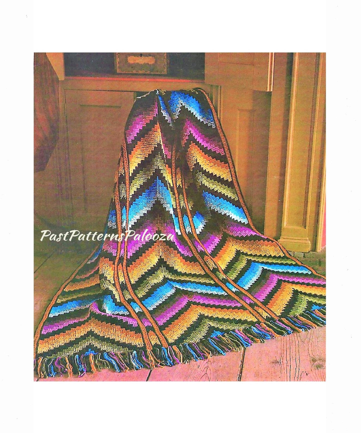 Vintage Crochet Pattern Florentine Chevron Ripple Afghan PDF Instant Digital Download Embroidered Jewel Tones Tunisian Stitch 54x72 10 Ply