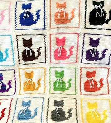 Vintage Crochet Pattern Cat Afghan PDF Instant Digital Download Ombre Kitty Cat Bow Ties Blanket Pillow 42x49 DK 4 Ply