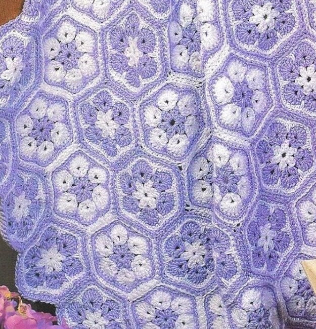 Vintage Crochet Pattern Hexagon Flower Blanket Afghan PDF Instant Digital Download Pretty Floral Throw 40x40 10 Ply
