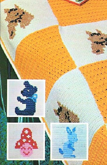 Vintage Crochet Pattern Kids Animal Squares Afghan PDF Instant Digital Download Childrens Horse Bunny Bear Twin Bed Blanket 10 Ply