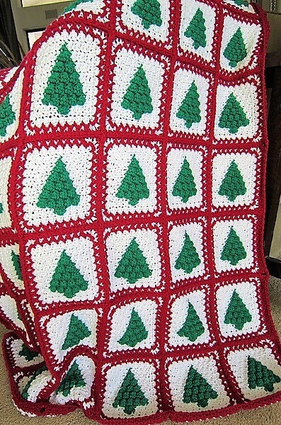 Vintage Crochet Pattern Cluster Stitch Christmas Trees Afghan PDF Instant Digital Download Holiday Granny Squares Blanket 10 Ply