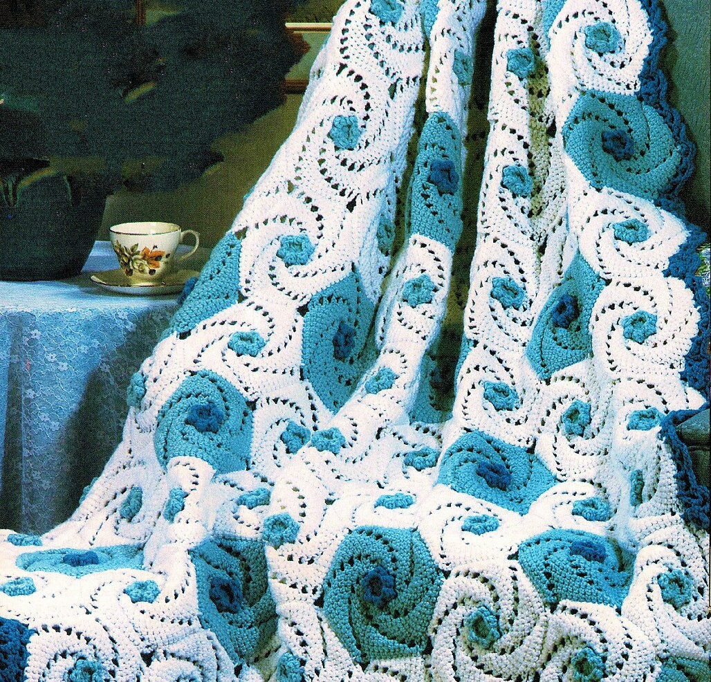 Vintage Crochet Pattern Ocean Waves Spirals Afghan PDF Instant Digital Download Deep Blue Sea Waves Swirl Squares Blanket Throw Afghan 48x76