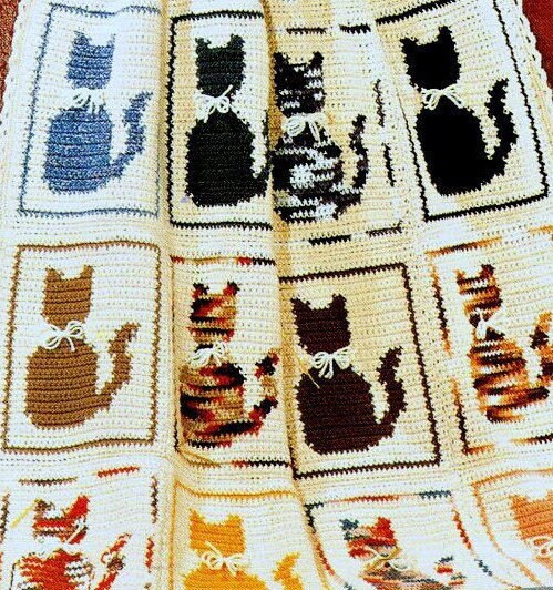 Vintage Crochet Pattern Cat Afghan PDF Instant Digital Download Ombre Kitty Cat Bow Ties Blanket Pillow 42x49 DK 4 Ply