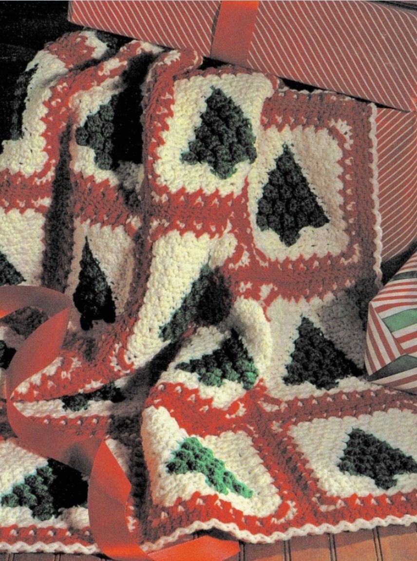 Vintage Crochet Pattern Cluster Stitch Christmas Trees Afghan PDF Instant Digital Download Holiday Granny Squares Blanket 10 Ply