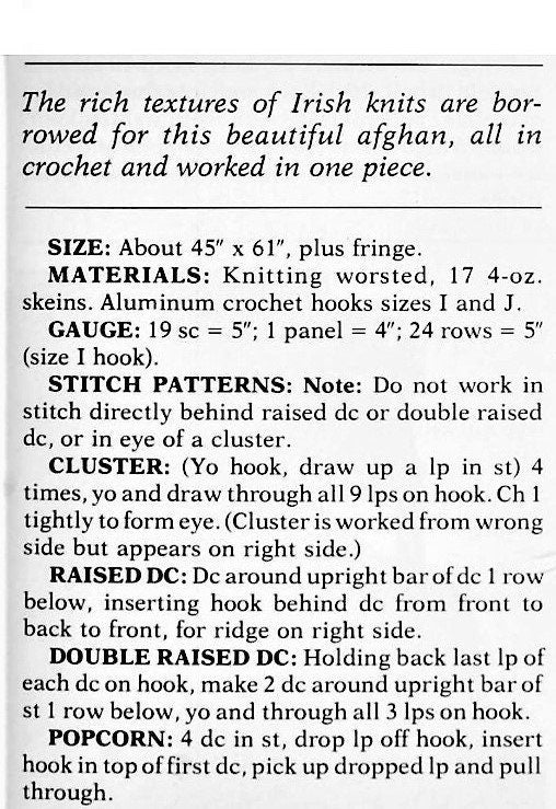 Vintage Crochet Pattern Irish Aran Afghan PDF Instant Digital Download Pretty Blanket 4 Different Stitch Patterns 10 Ply