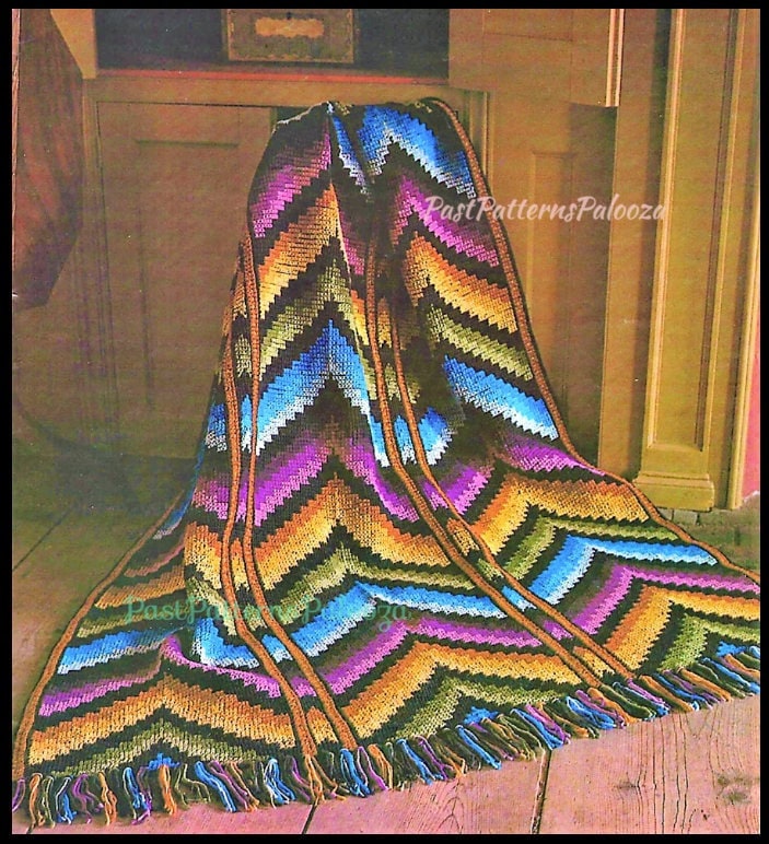 Vintage Crochet Pattern Florentine Chevron Ripple Afghan PDF Instant Digital Download Embroidered Jewel Tones Tunisian Stitch 54x72 10 Ply
