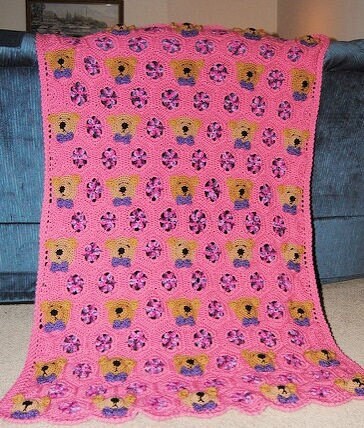 Vintage Crochet Pattern Teddy Bear Faces Motifs Afghan PDF Instant Digital Download Bears & Dots Throw Blanket 43x60 10 Ply