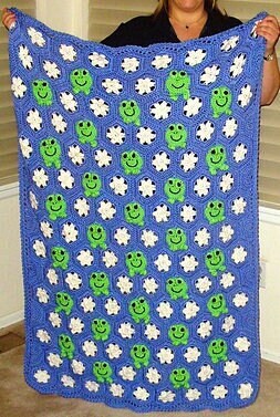 Vintage Crochet Kids Frog Frenzy Afghan Pattern PDF Instant Digital Download Froggie Lily Pads Floral Motifs Animal Afghan Patchwork E4